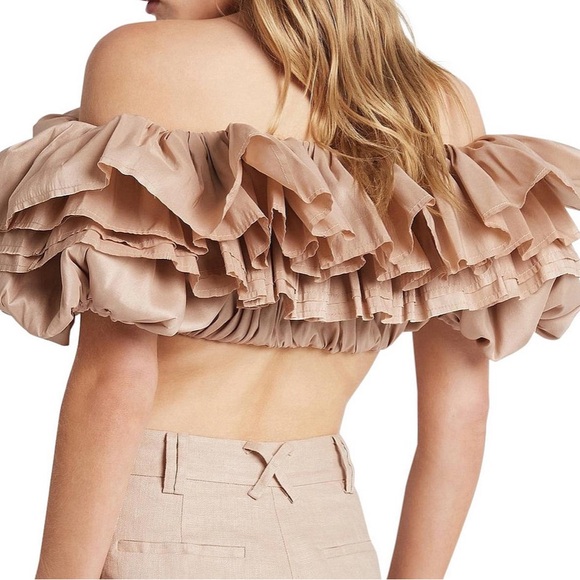 AJE Allure Bubble Top — Size 10 — Silk Blend Off-Shoulder Ruffle Crop Top - Picture 3 of 9